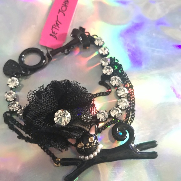 Vikki vintage black cat kitten lace pearl bracelet Betsey Johnson charm layer - Picture 5 of 5